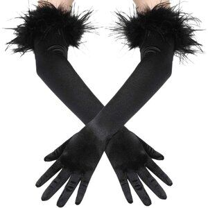 Women's Evening Black Feather Long Satin Gloves Stretchy Elbow Halloween Costume